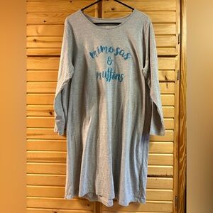 DREAMS & CO. Nightgown Gray Long Sleeve With Blue Text “mimosas & muffins” M/L